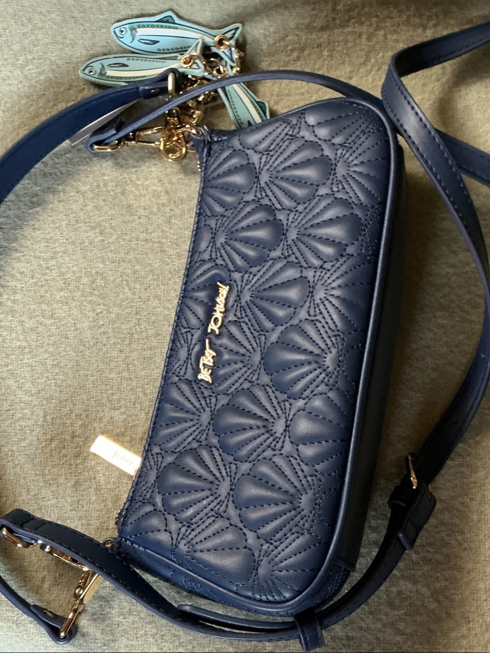 Betsey Johnson Navy Quilted Shell Crossbody with Gold Accents and Charm